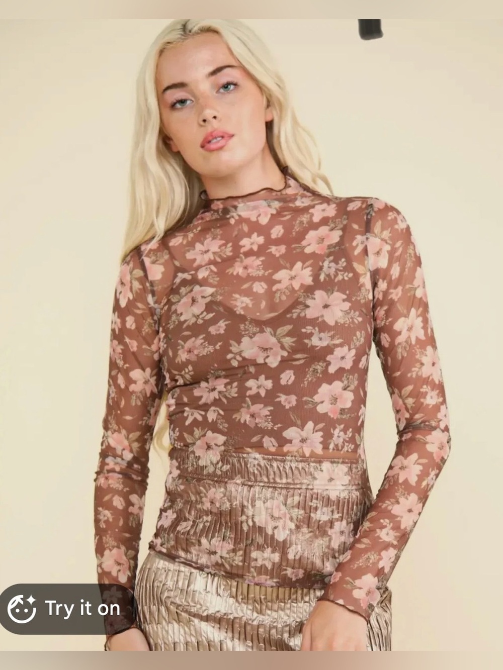 Sheer Floral High-Neck Long Sleeve Top in Brown/Pink